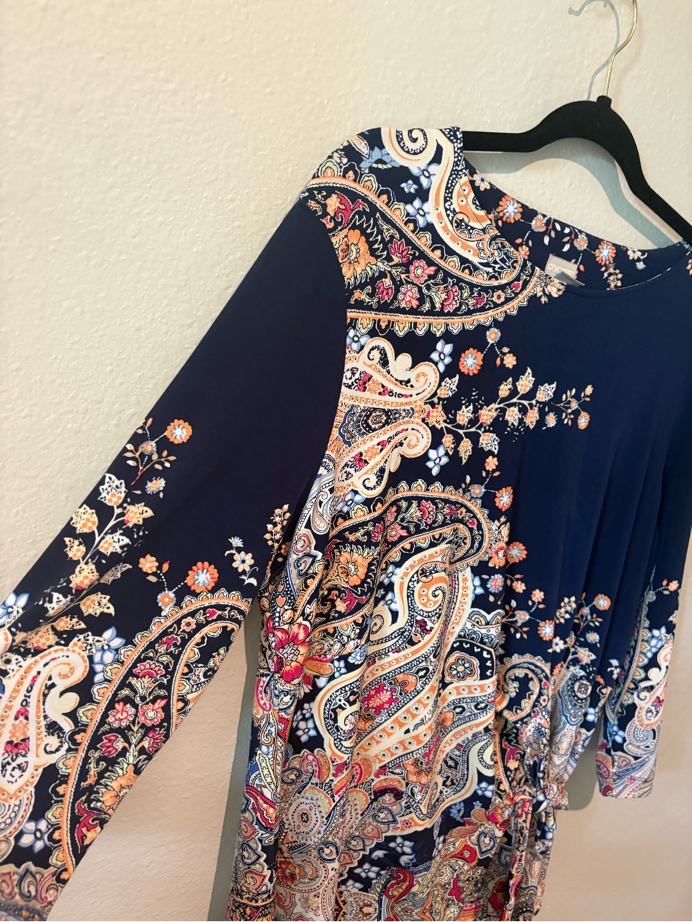 Chico's Navy Paisley-Print Long Sleeve Tunic with Floral Accents